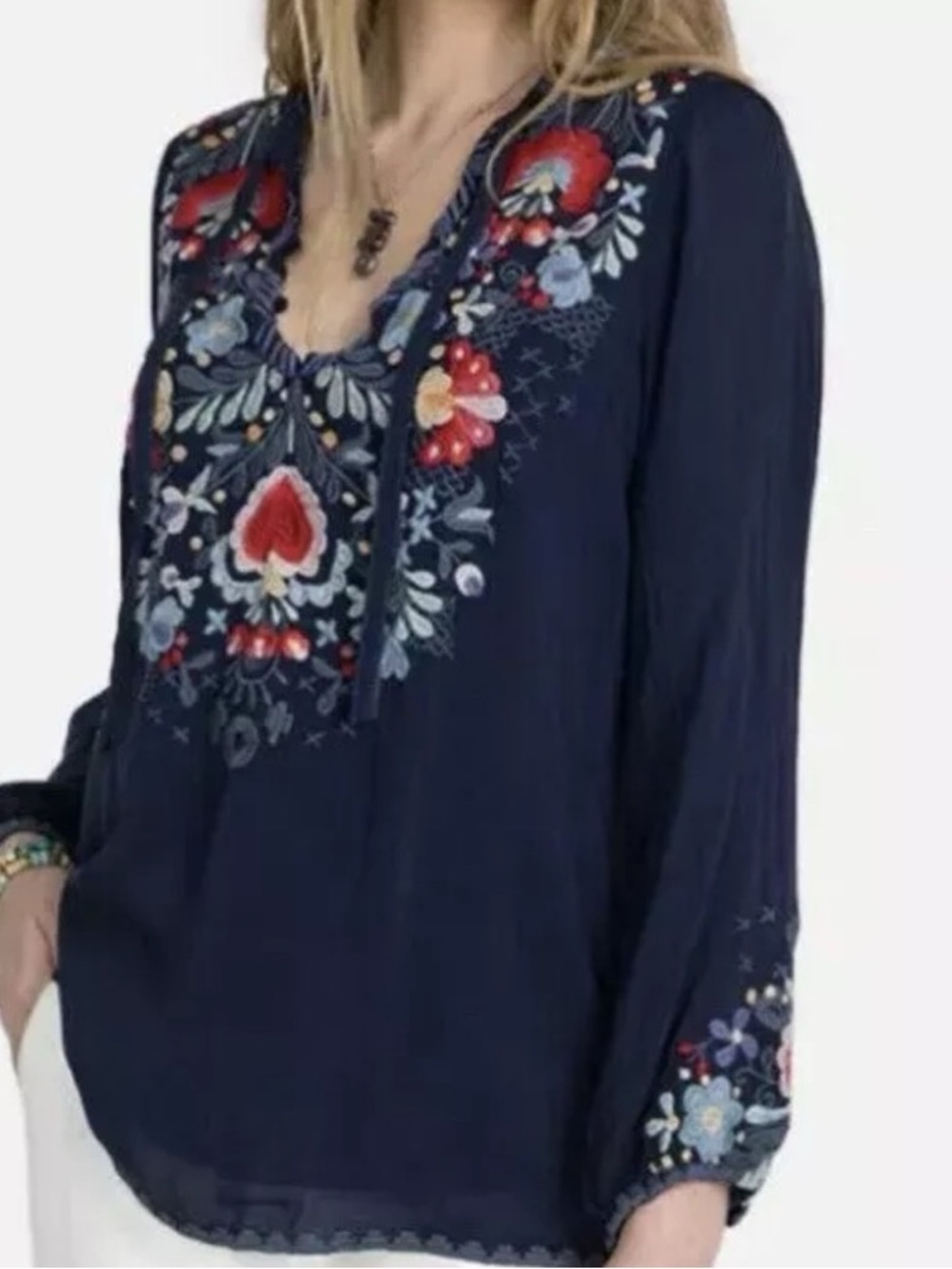 JOHNNY WAS Embroidered Bisma Embroidered Hearts Blouse Size S